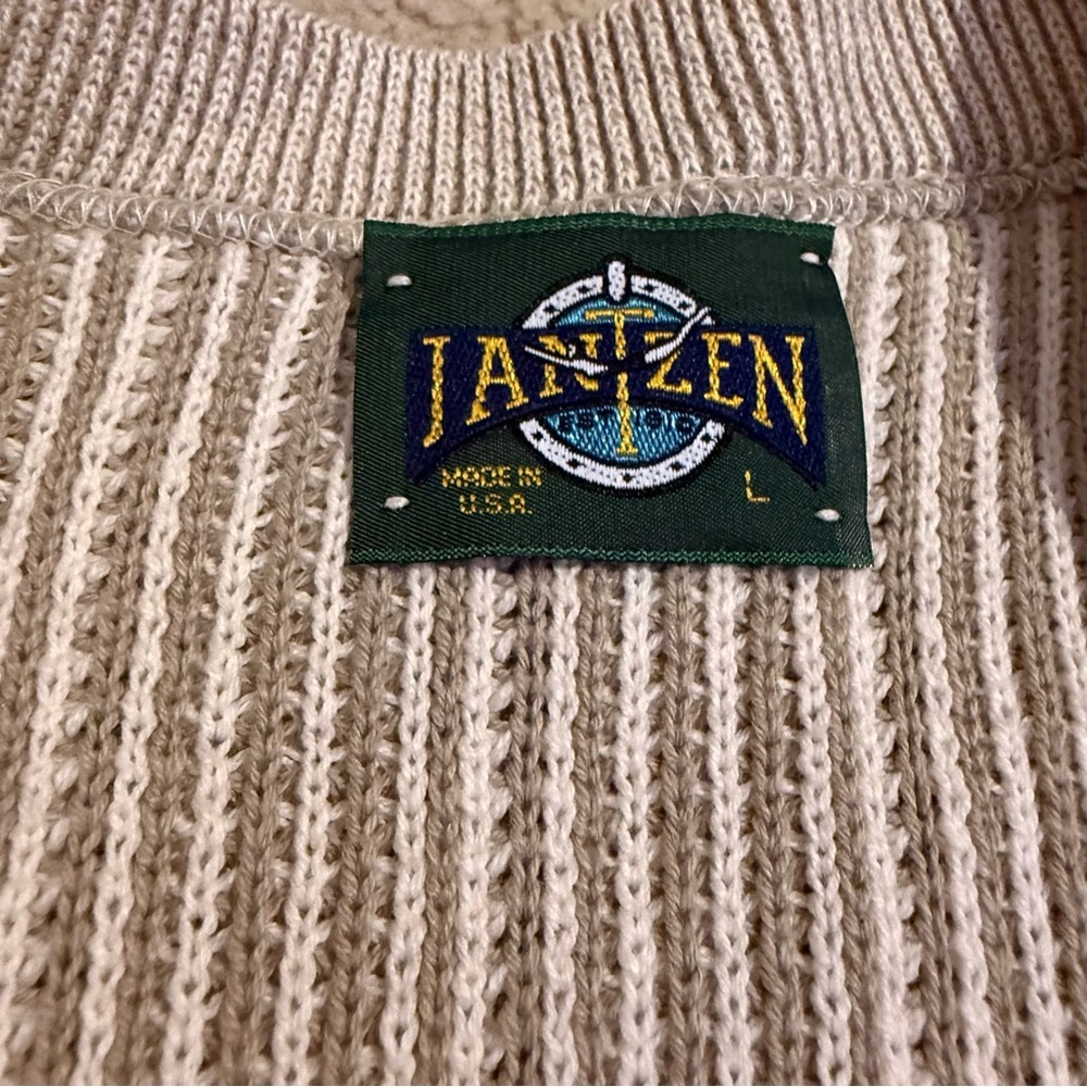 Vintage Jantzen USA Cotton V-Neck Chunky Knit Sweater Beige Size L - Picture 2 of 2